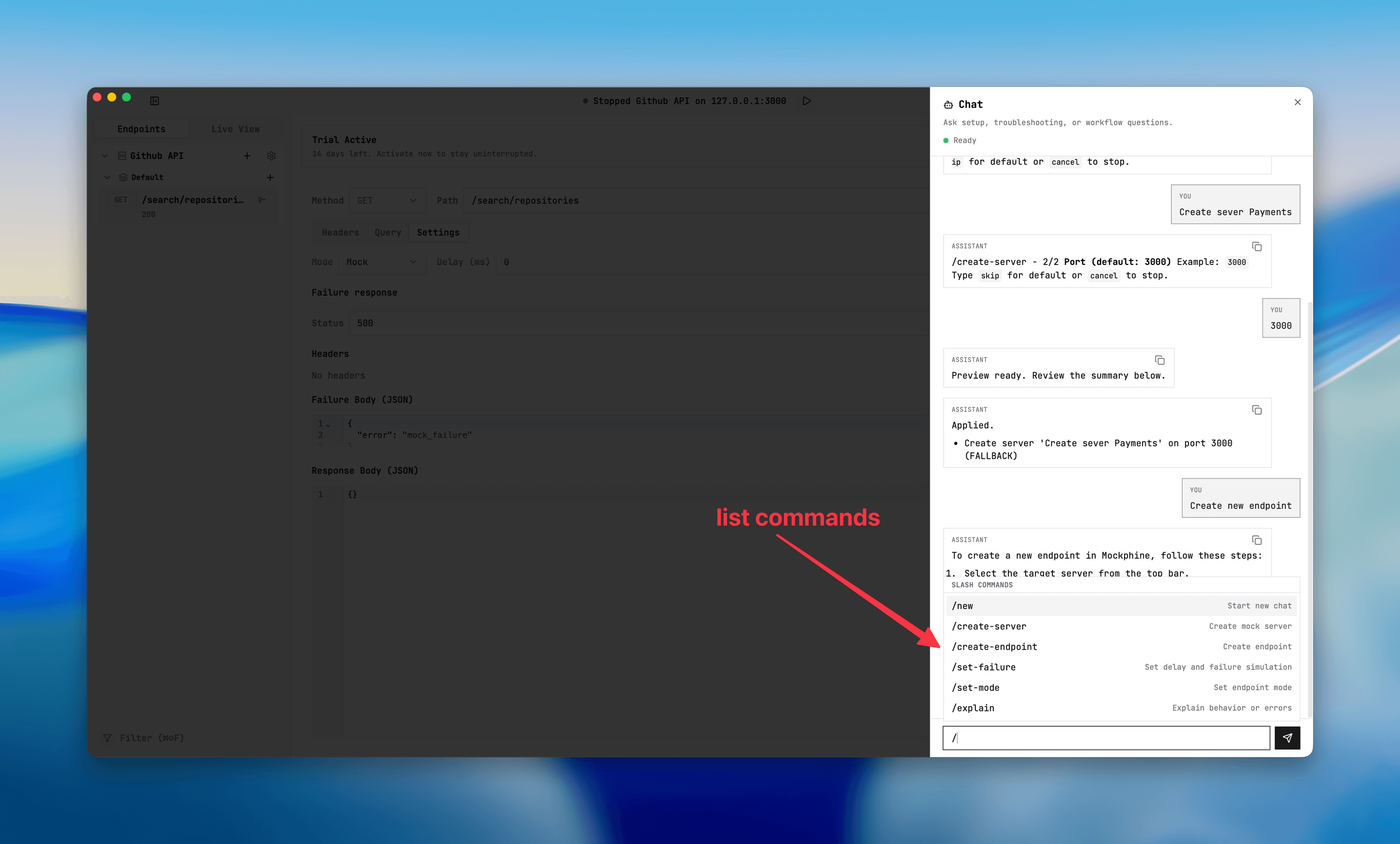 AI Help Chat panel showing slash commands and preview or apply flow.