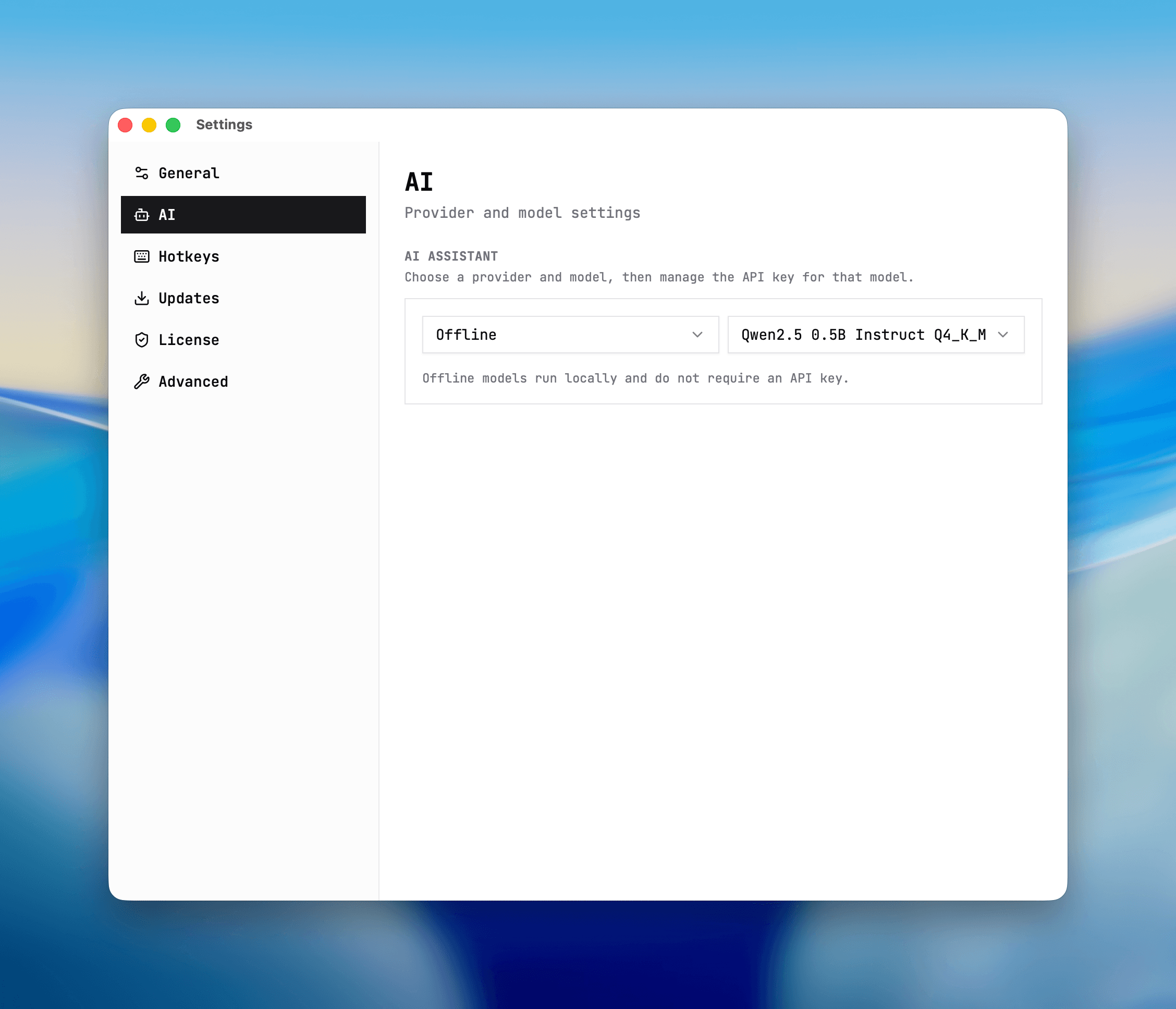 Settings window on the AI tab showing provider and model configuration.