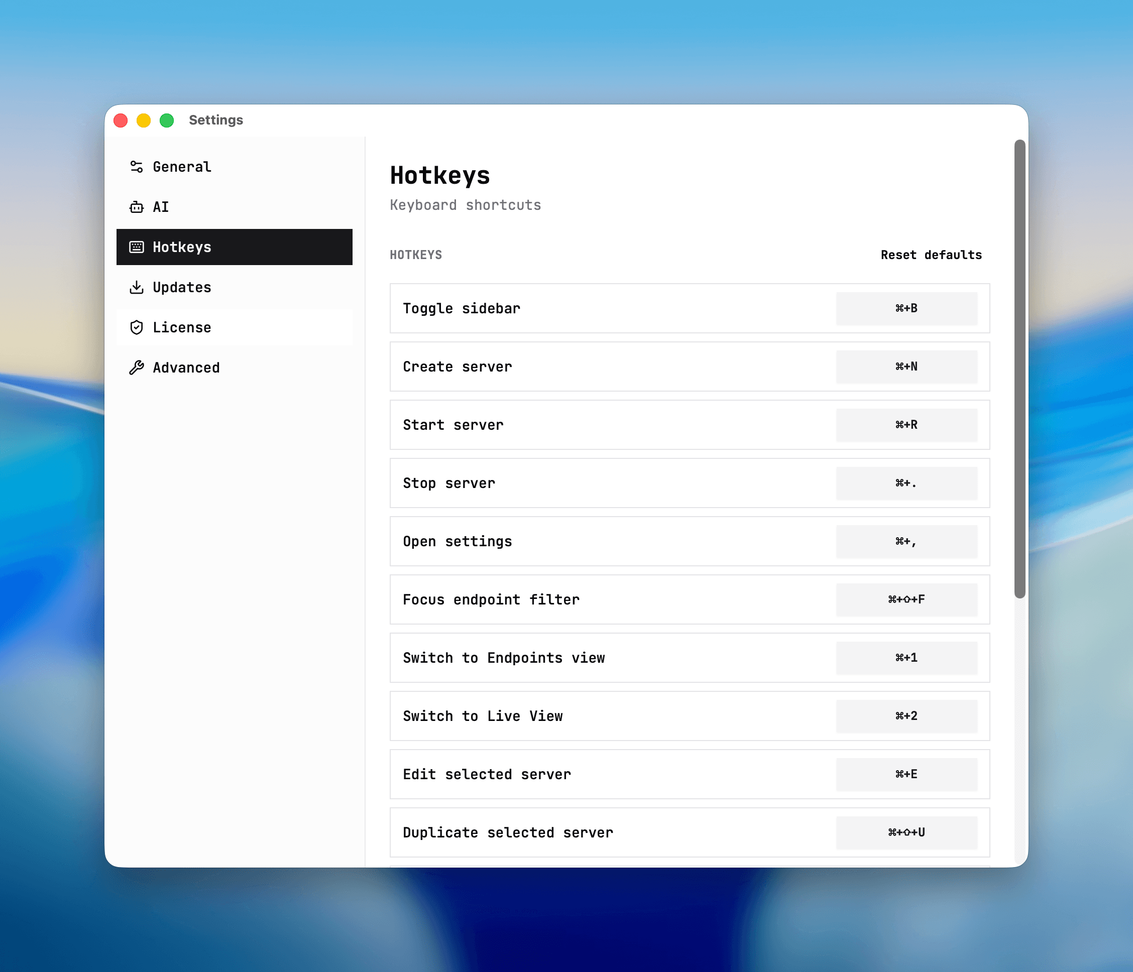 Settings window on the Hotkeys tab showing shortcut mappings.