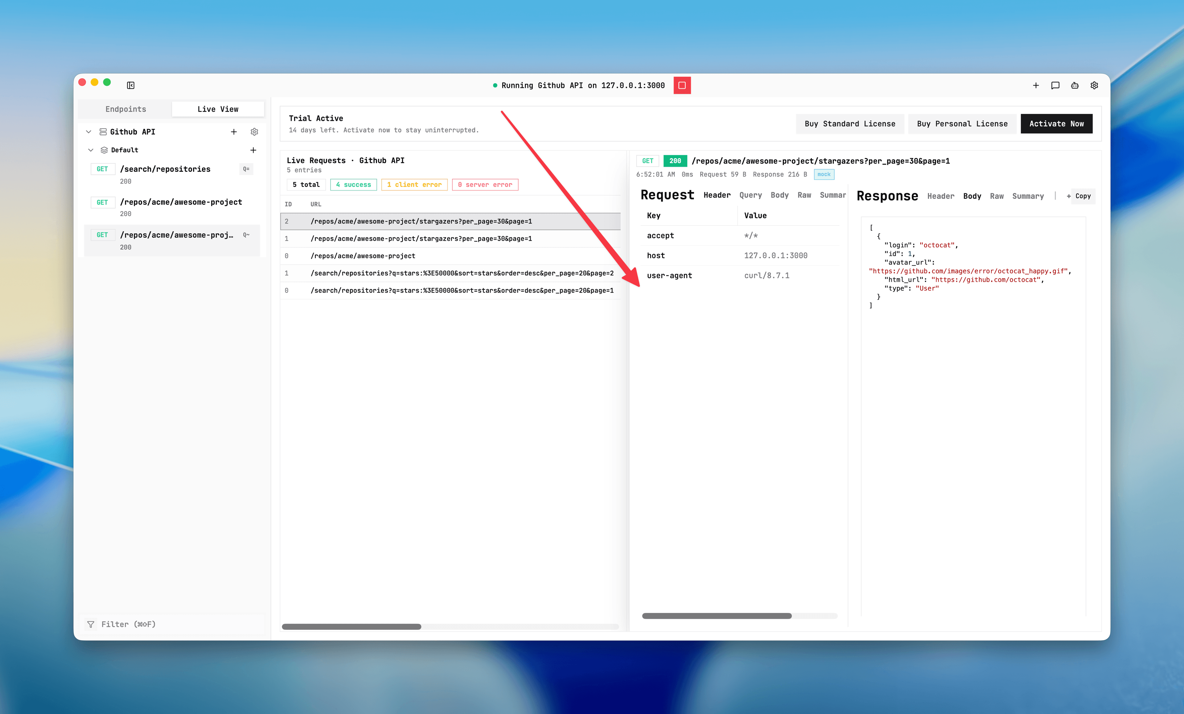 Live View panel showing request list and request or response detail columns for troubleshooting.